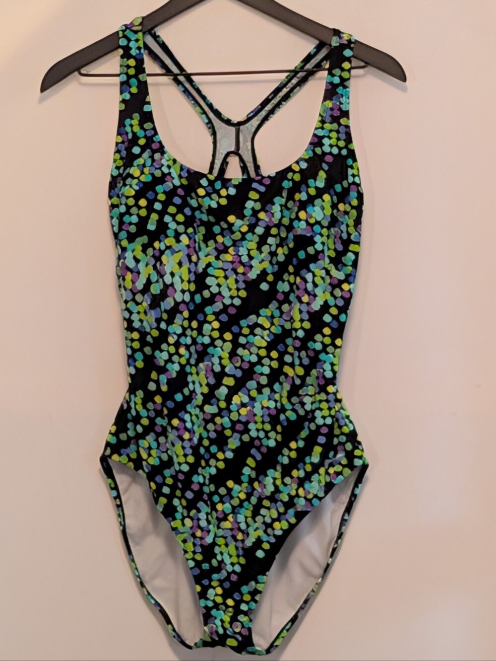 Speedo Black One-Piece Swimsuit with Blue, Green, and Purple Dot Print